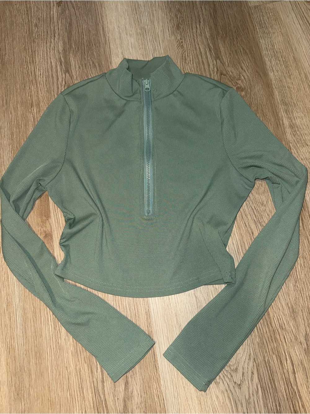 SHEIN Olive Ribbed Quarter-Zip Long Sleeve Top